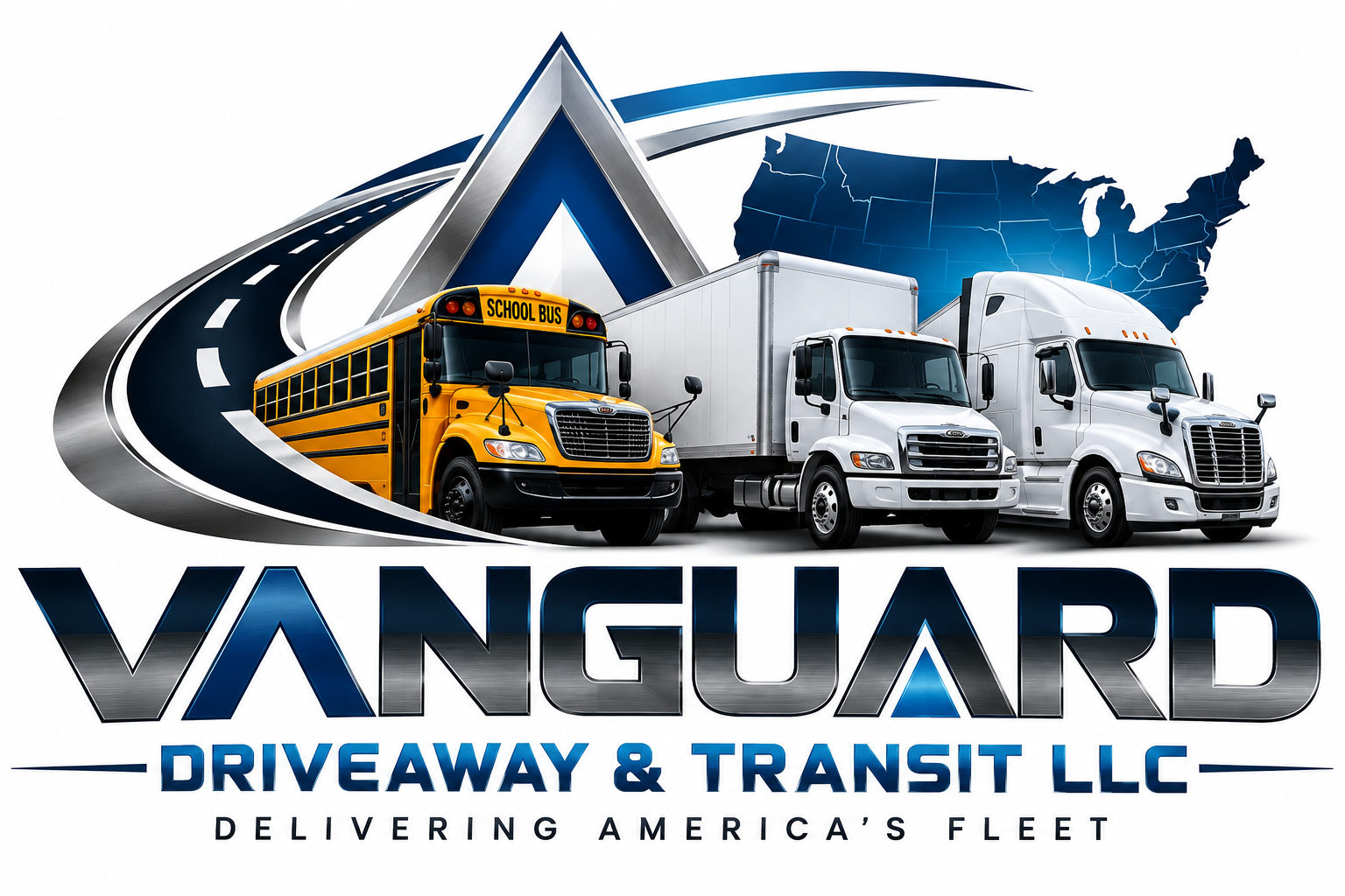 Vanguard Driveaway and Transit logo with school bus and commercial trucks
